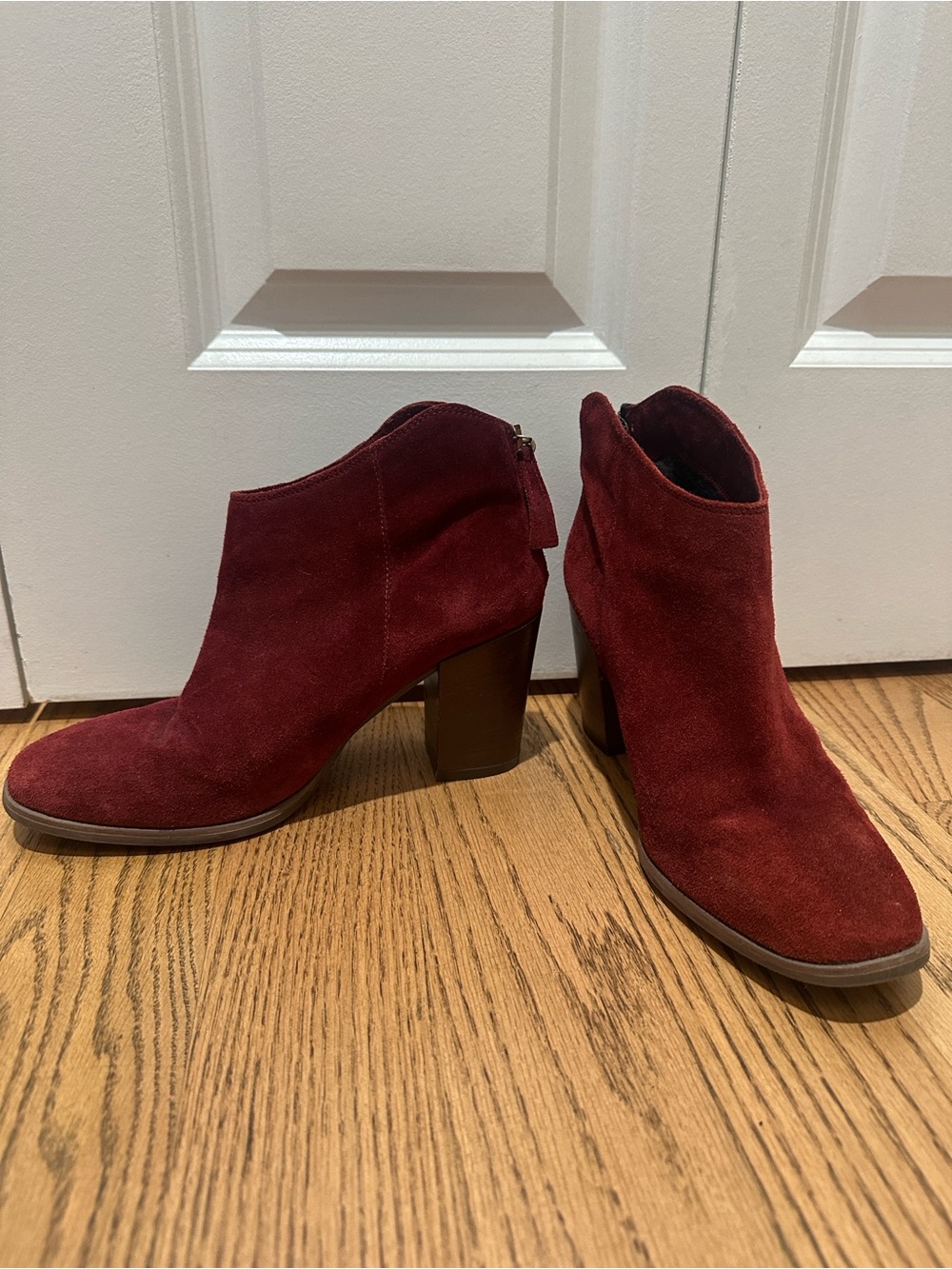 Clarks Burgundy Suede Ankle Booties with Block Heel